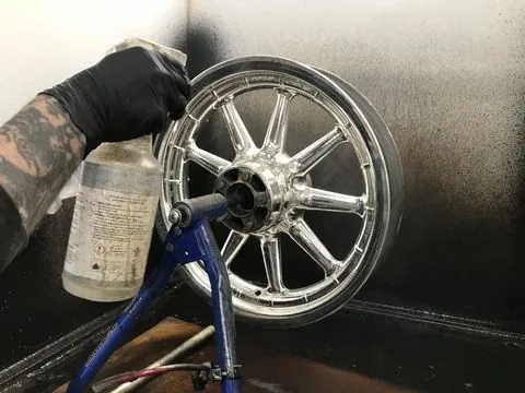A motorcycle wheel prepped and chromed