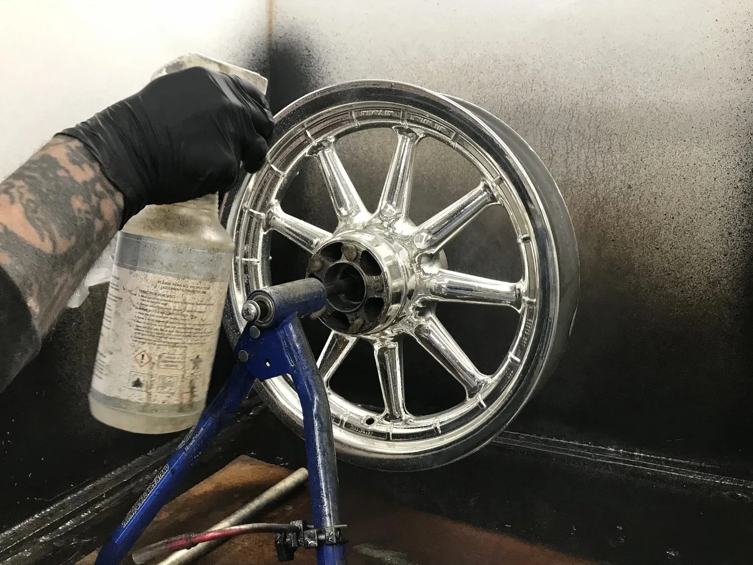 A motorcycle wheel finished in Cosmichrome