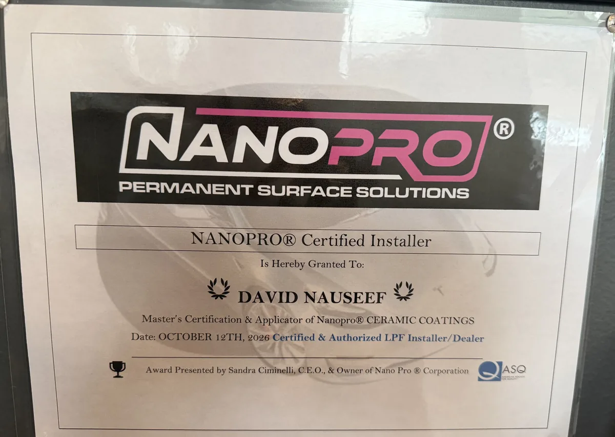 Dave Nauseef's NanoPro Certified Installer certificate, master's certification for NanoPro ceramic coatings, dated October 12, 2026