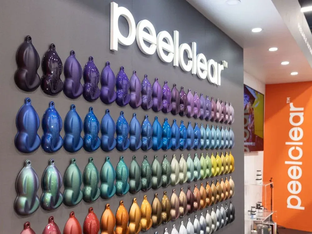 A wall of PeelClear color samples, from purples and blues through greens, golds and reds (photo: PeelClear)
